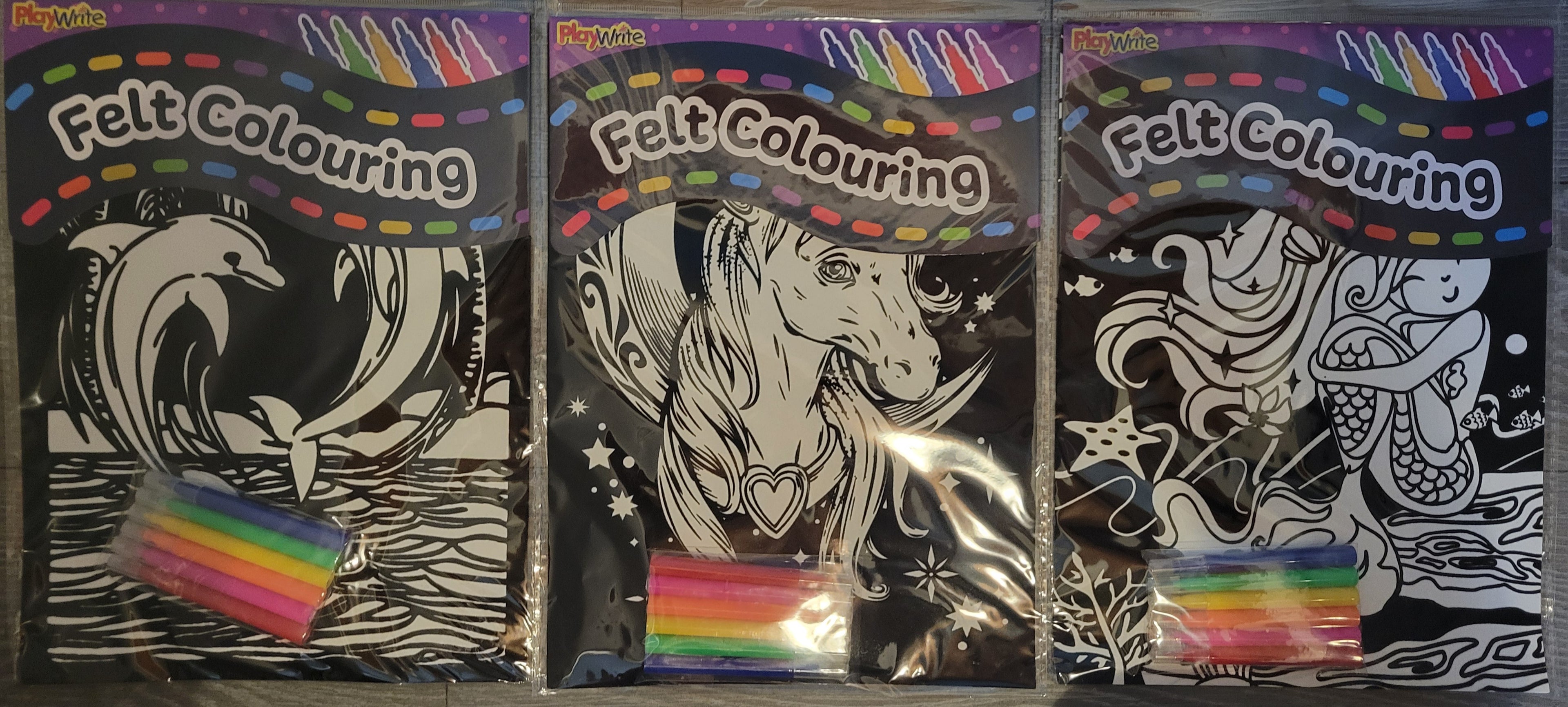 Set of 3 - Velvet Colouring Picture & Felt Tip Pens Dolphin Unicorn Mermaid A4