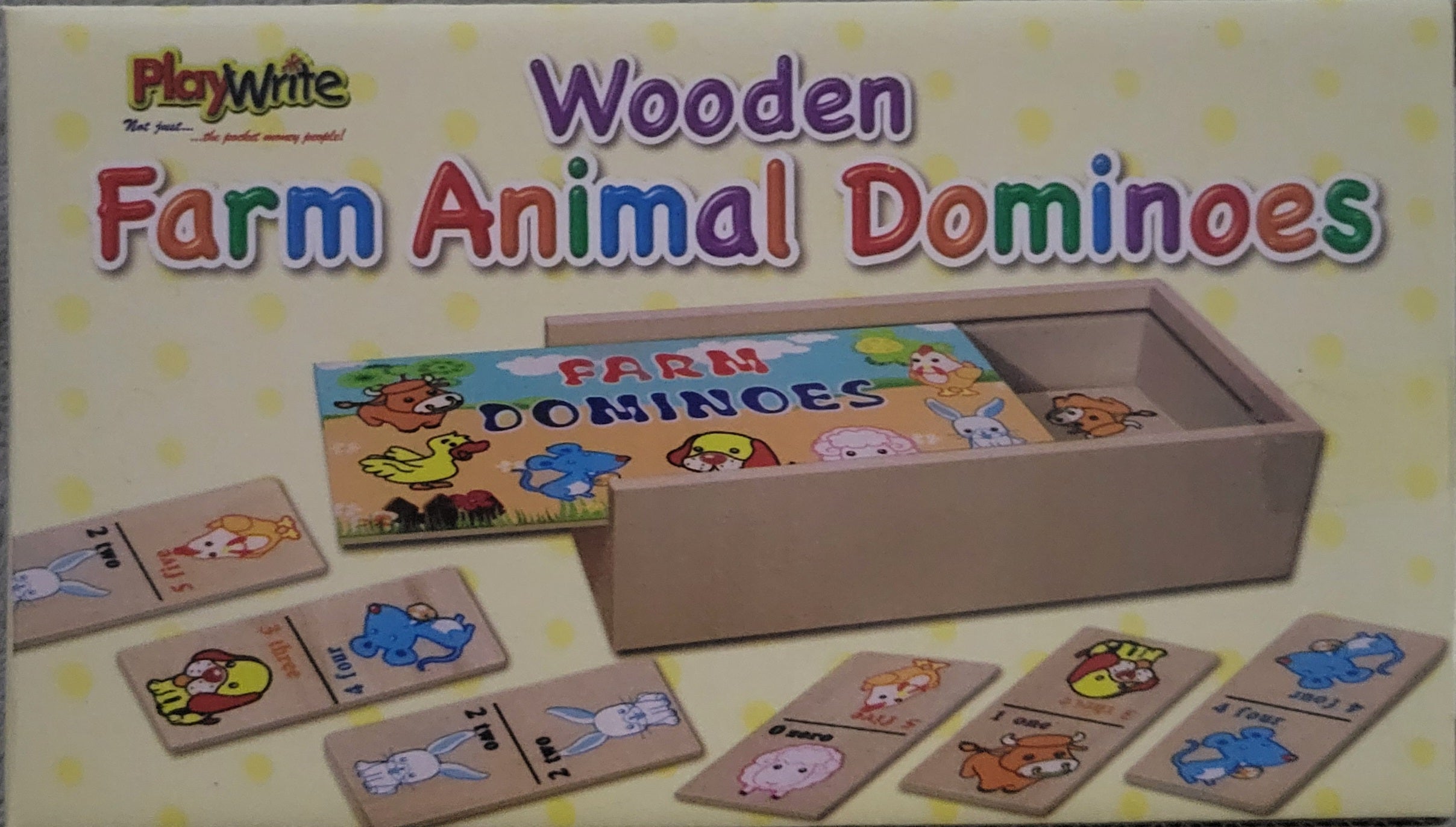 28 Wooden Farm Animal Dominoes Game in Wood Box Sheep Dog Pig Rabbit Cow Toy